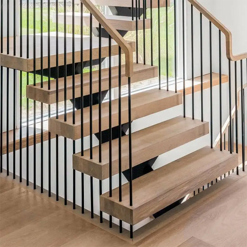 Custom Solid Wood Tread Straight Stairs with Steel Plate Support Manufacturer